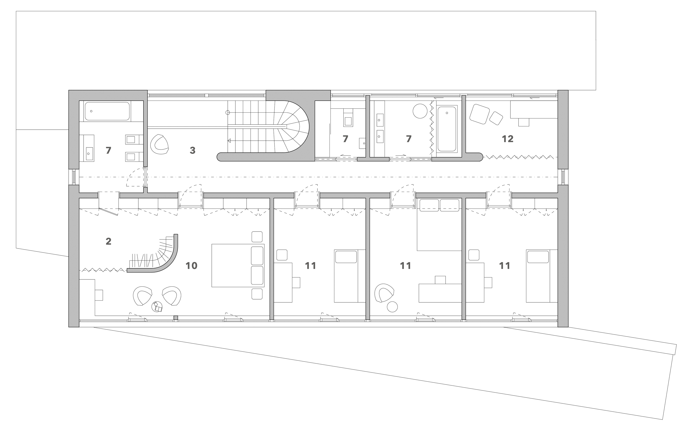 Second floor:  - 2 - Cloak room, 3 - Hallway with stairs,  7 - WC/Bathroom,  10 - master bedroom, 11 - bedroom, 12 - household workshop
