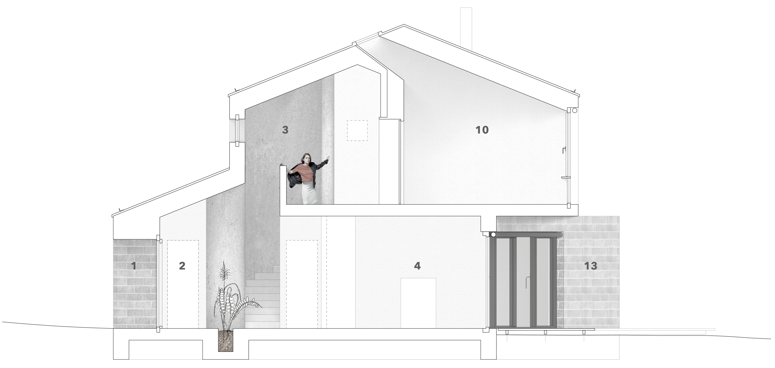 cross Section & materiality: 1 - main entrance, 2 - Cloak room, 3 - Hallway with stairs, 4 - kitchen,  10 - master bedroom, 13 - garden terrace